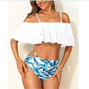 White and Blue Leaf Print Women's Ruffled Bikini Set Swimsuit Large